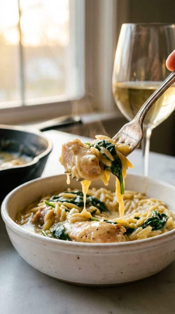 A close-up of a fork lifting a bite of creamy chicken orzo, showing the thick sauce coating the pasta and meat.