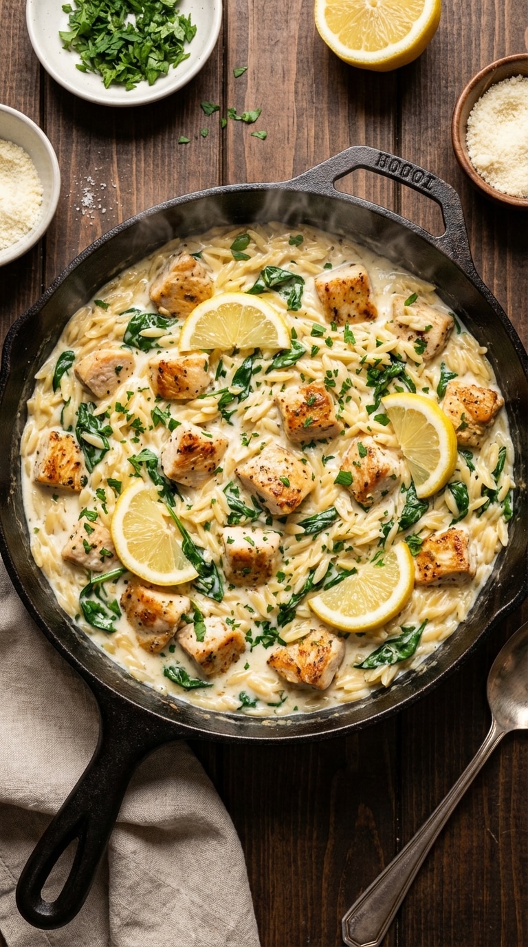 A top-down view of a cast iron skillet filled with creamy chicken and orzo pasta, garnished with spinach and fresh lemon wedges.