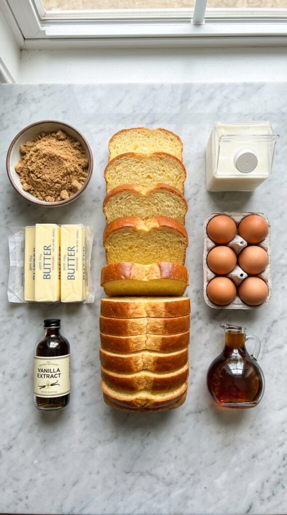A flat lay showing sliced brioche bread, brown sugar, butter, eggs, half-and-half, and vanilla extract on a marble surface.