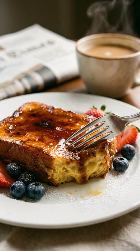 A close-up of a fork cutting into a thick slice of caramel-topped baked French toast, showing a soft, custardy center.