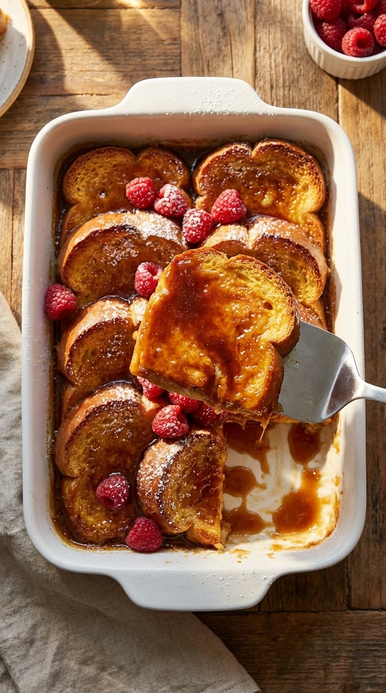 A top-down view of a baking dish filled with thick baked French toast covered in a glossy, dripping brown sugar caramel glaze.