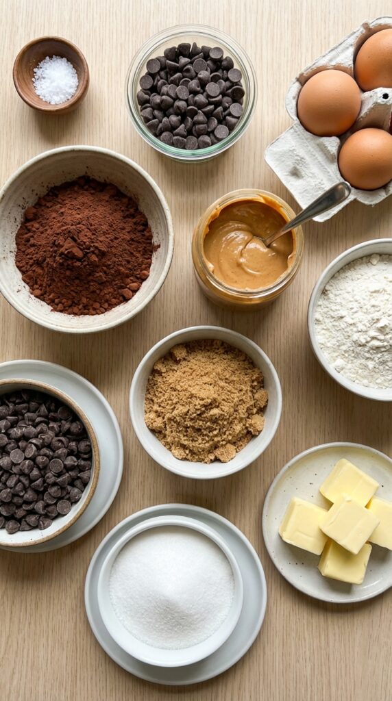 A flat lay showing cocoa powder, creamy peanut butter, chocolate chips, butter, eggs, and sugars on a wooden board.