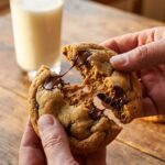 Two hands breaking apart a warm, swirled peanut butter and brownie cookie, revealing a gooey chocolate center with a glass of milk in the background.