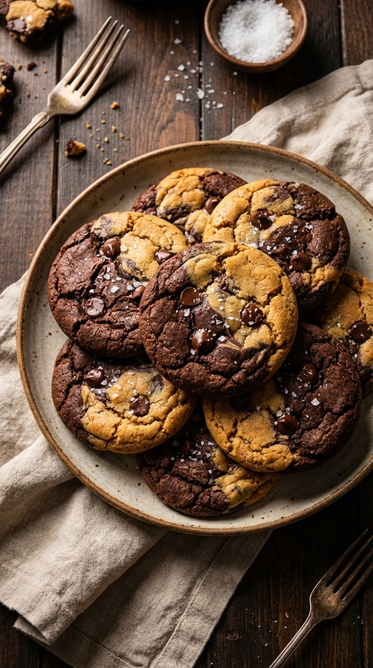 A stack of thick cookies featuring a swirled pattern of dark chocolate brownie and golden peanut butter dough, topped with sea salt.
