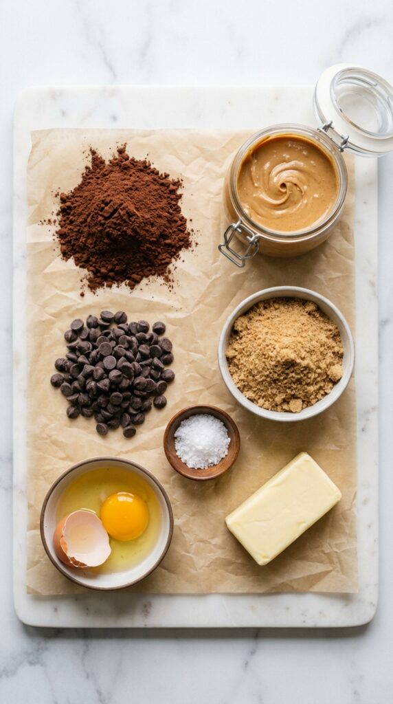 An overhead flat lay splitting baking ingredients into two sides: cocoa powder and chocolate chips on the left, and creamy peanut butter and brown sugar on the right, with sea salt in the middle.