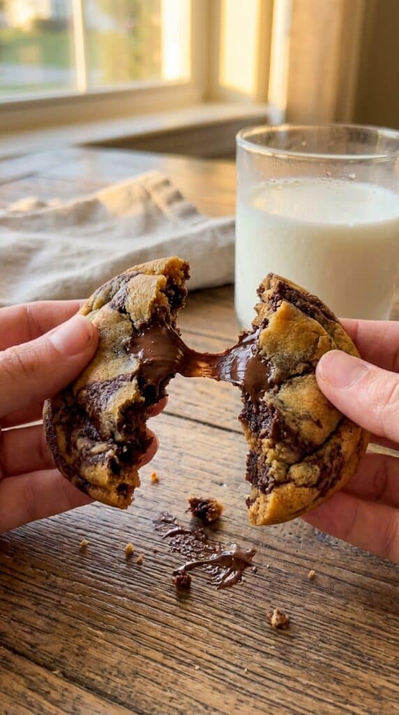 A close-up of hands pulling apart a warm marbled peanut butter and chocolate brownie cookie, showing a soft, gooey center with melted chocolate.