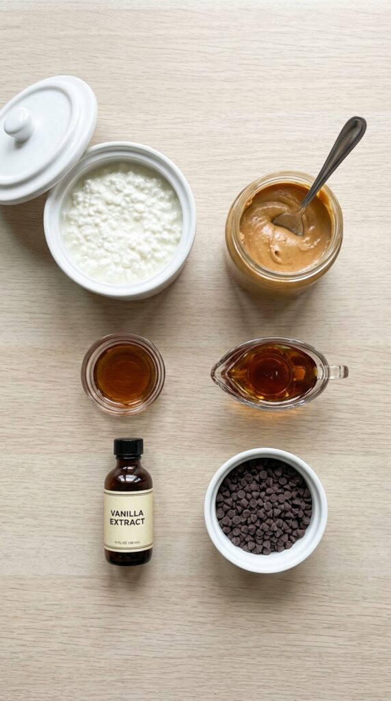 An overhead flat lay showing a tub of cottage cheese, a jar of peanut butter, maple syrup, vanilla extract, and chocolate chips on a wooden board.