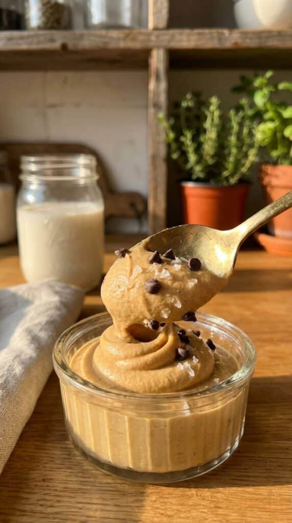 A close-up of a gold spoon lifting a thick, smooth dollop of peanut butter mousse dotted with chocolate chips and sea salt.