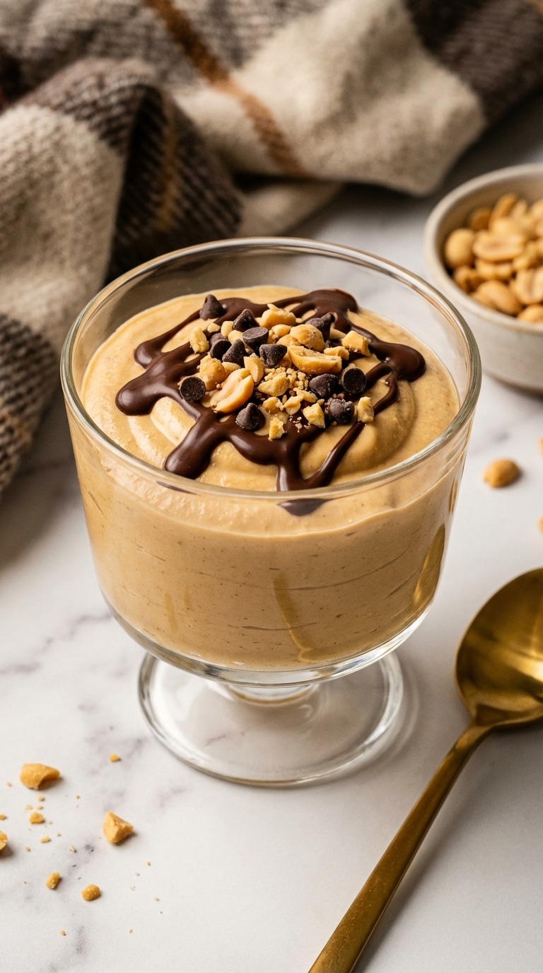 A glass cup of smooth peanut butter mousse topped with chocolate drizzle, chocolate chips, and crushed peanuts on a marble counter.