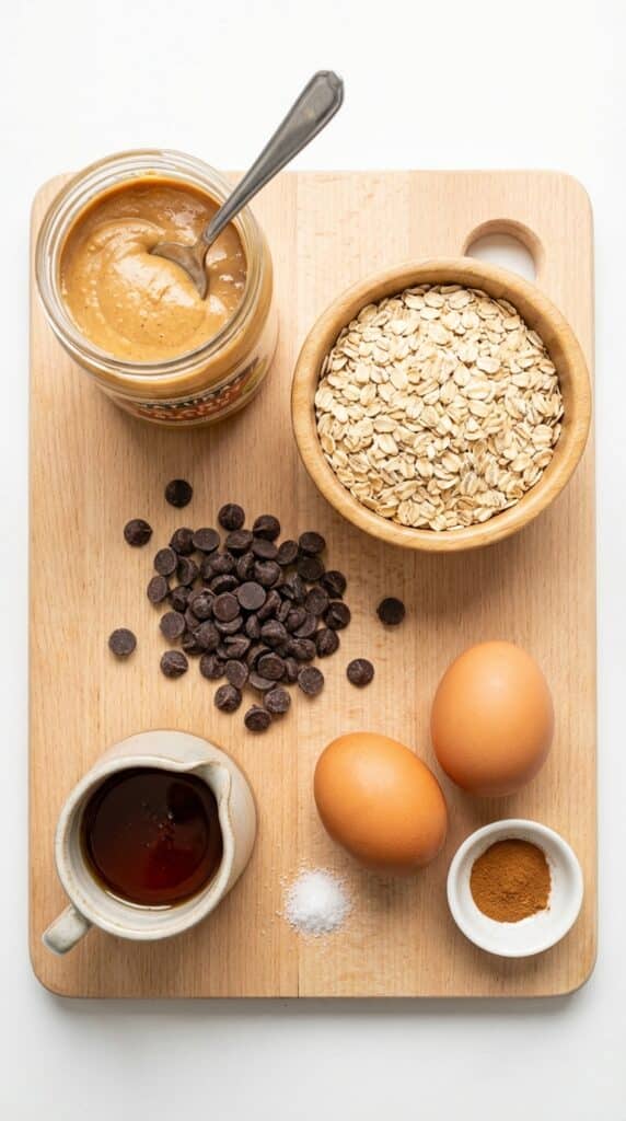 A flat lay showing natural peanut butter, rolled oats, dark chocolate chips, maple syrup, and eggs on a wooden board.