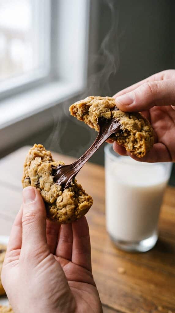 Two hands breaking a warm peanut butter oatmeal chocolate chip cookie in half, showing melting dark chocolate and a chewy center.
