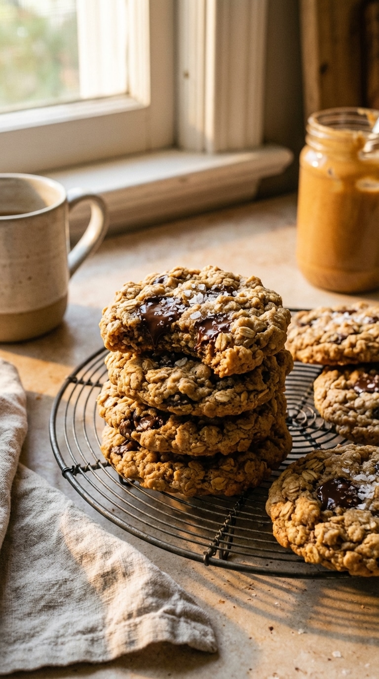 A stack of freshly baked peanut butter oatmeal chocolate chip cookies with melted chocolate and flaky sea salt on a wire rack.