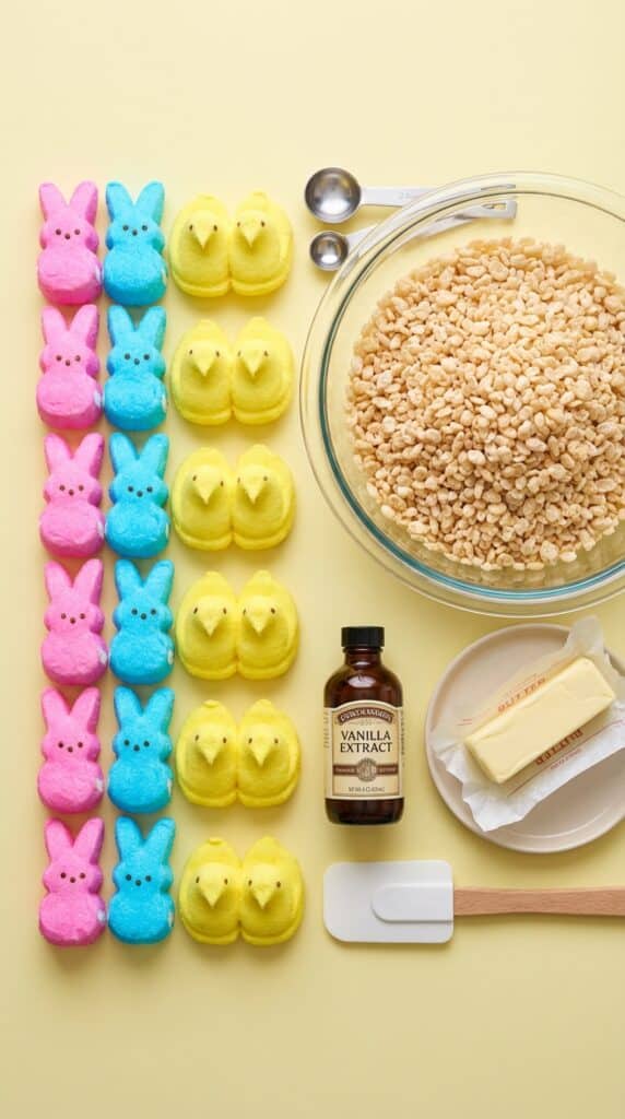 A flat lay showing rows of pink, blue, and yellow Peeps, crisp rice cereal, and butter on a pastel yellow background.