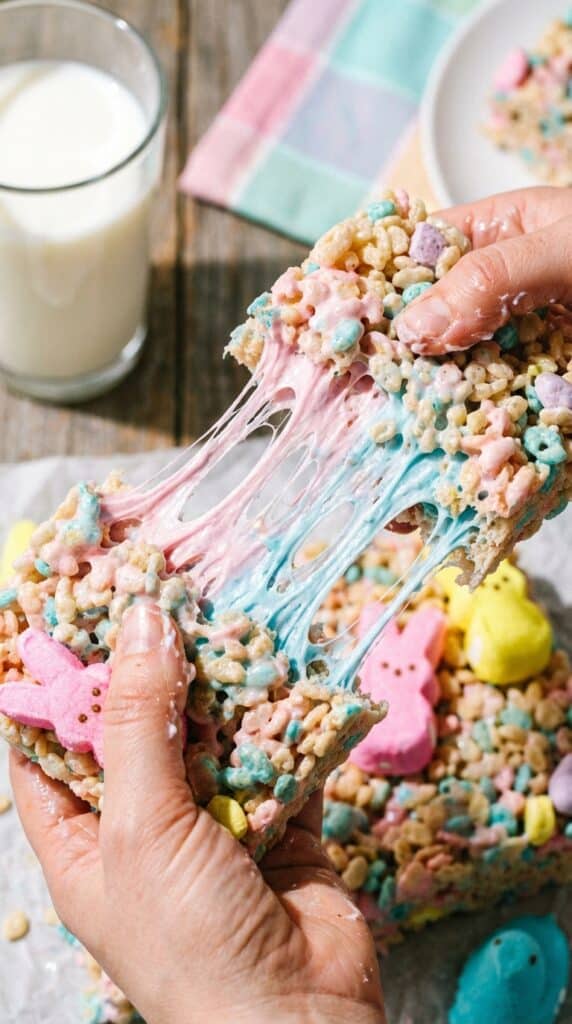 Two hands pulling apart a pastel pink and blue Rice Krispie treat, showing a long, gooey marshmallow stretch.