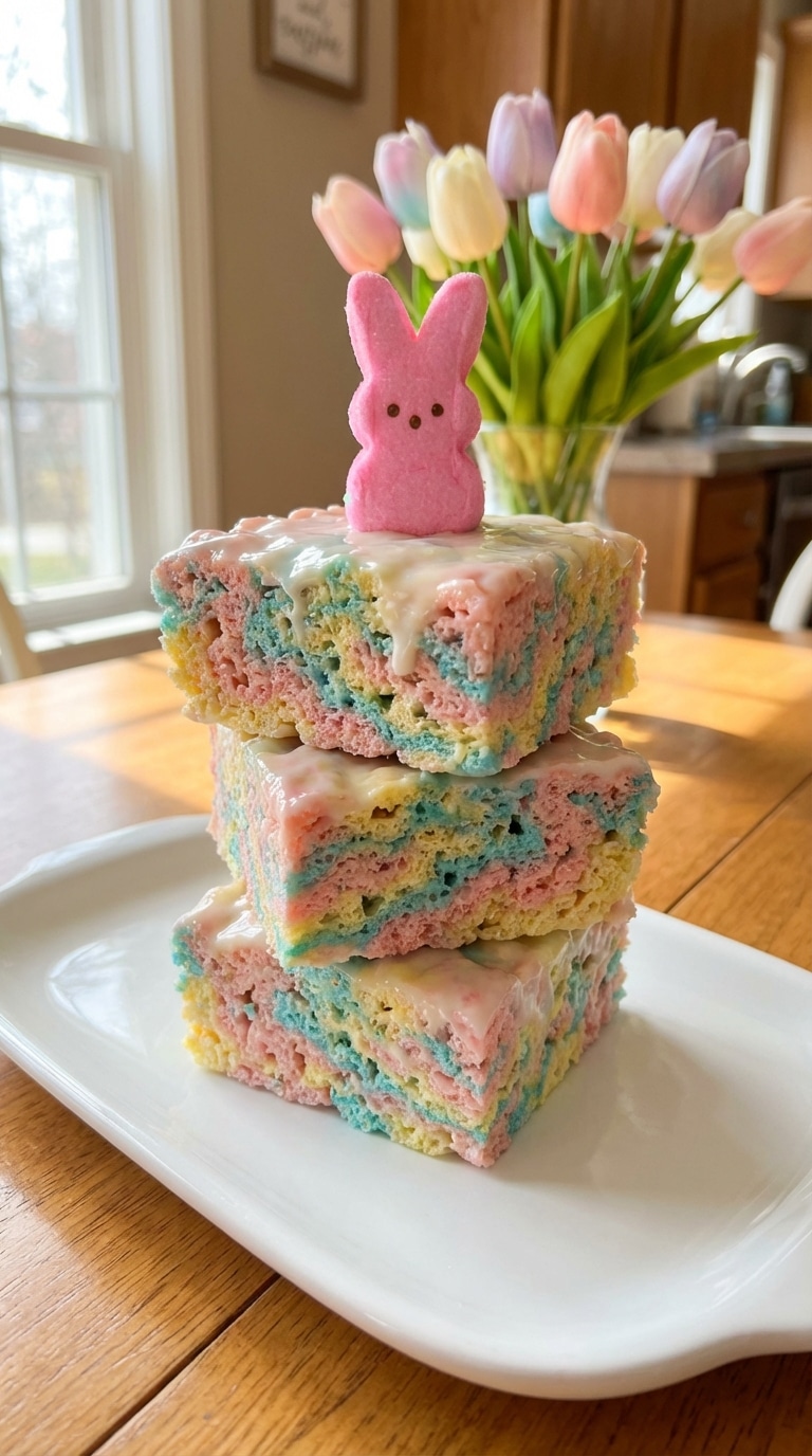 A stack of colorful, pastel tie-dye Rice Krispie treats made with Peeps, topped with a pink marshmallow bunny.