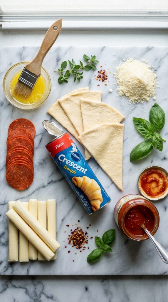 A flat lay showing crescent dough triangles, pepperoni, mozzarella sticks, melted butter, and pizza sauce on a marble board.