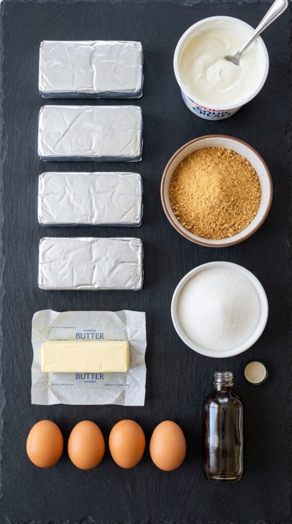 A flat lay showing four blocks of cream cheese, sour cream, graham cracker crumbs, eggs, butter, and sugar on a slate board.