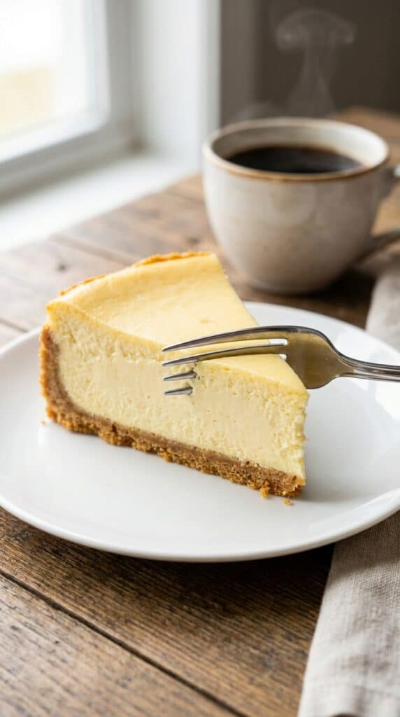A close-up of a dense slice of New York cheesecake on a plate with a fork cutting into the tip, served with coffee.
