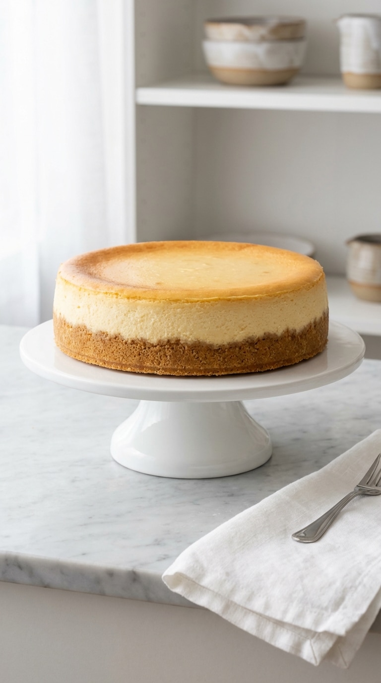 A whole, tall, unblemished New York-style cheesecake on a white cake stand with a golden graham cracker crust.
