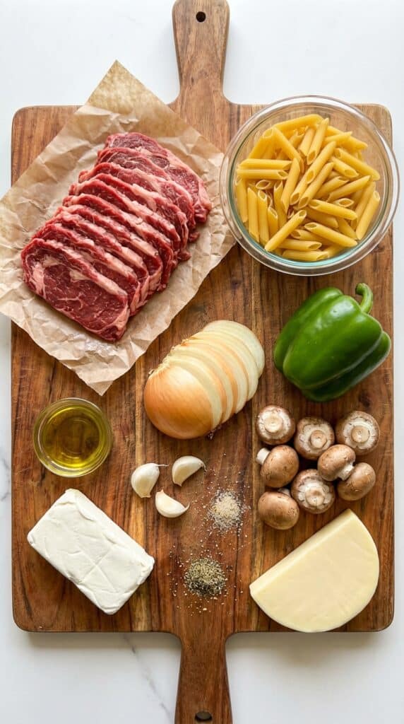 A flat lay showing raw sliced steak, dry penne pasta, a green bell pepper, onion, mushrooms, cream cheese, and provolone on a wooden board.