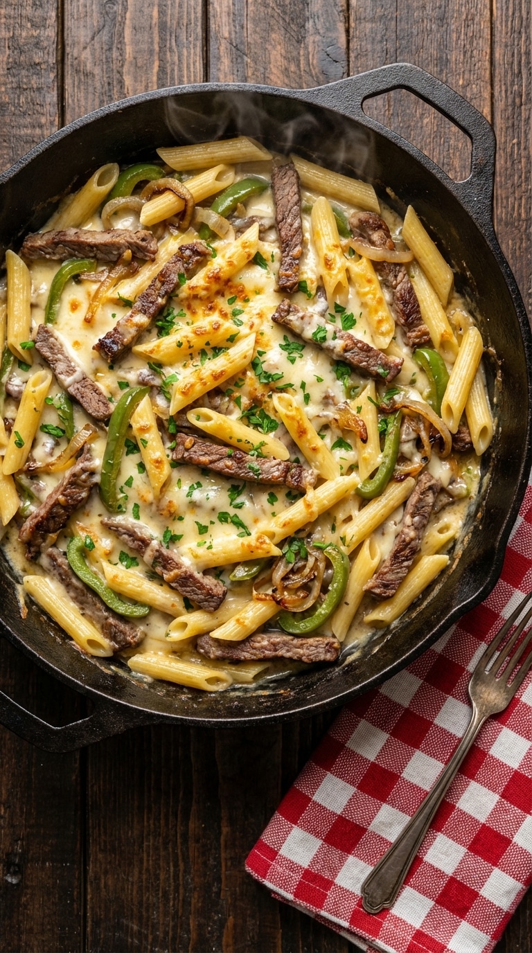 A top-down view of a cast iron skillet filled with creamy pasta, sliced steak, green peppers, onions, and melted cheese.