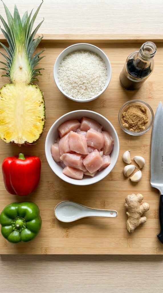 A flat lay showing raw chicken, white rice, fresh pineapple, red and green bell peppers, soy sauce, and ginger on a wooden board.