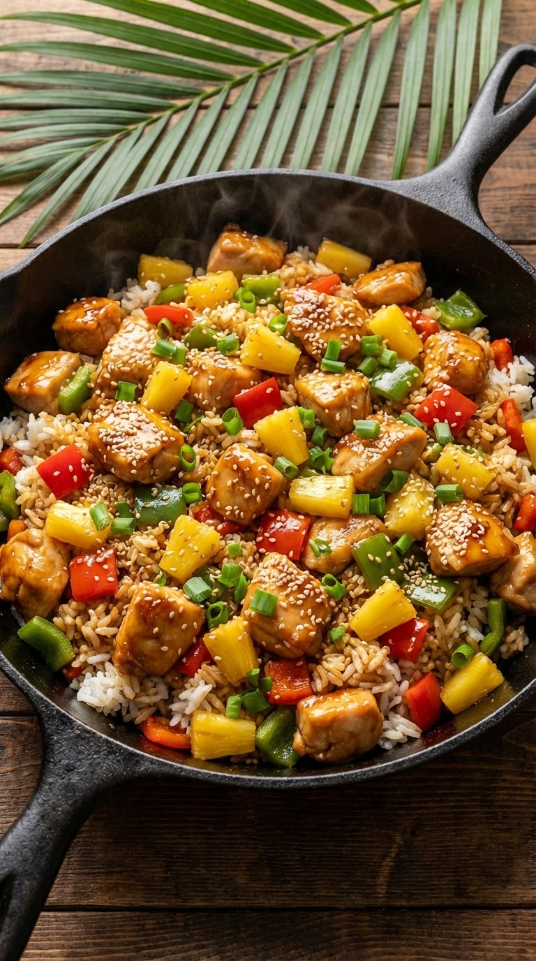 A top-down view of a cast iron skillet filled with pineapple chicken, rice, and colorful bell peppers, garnished with sesame seeds.