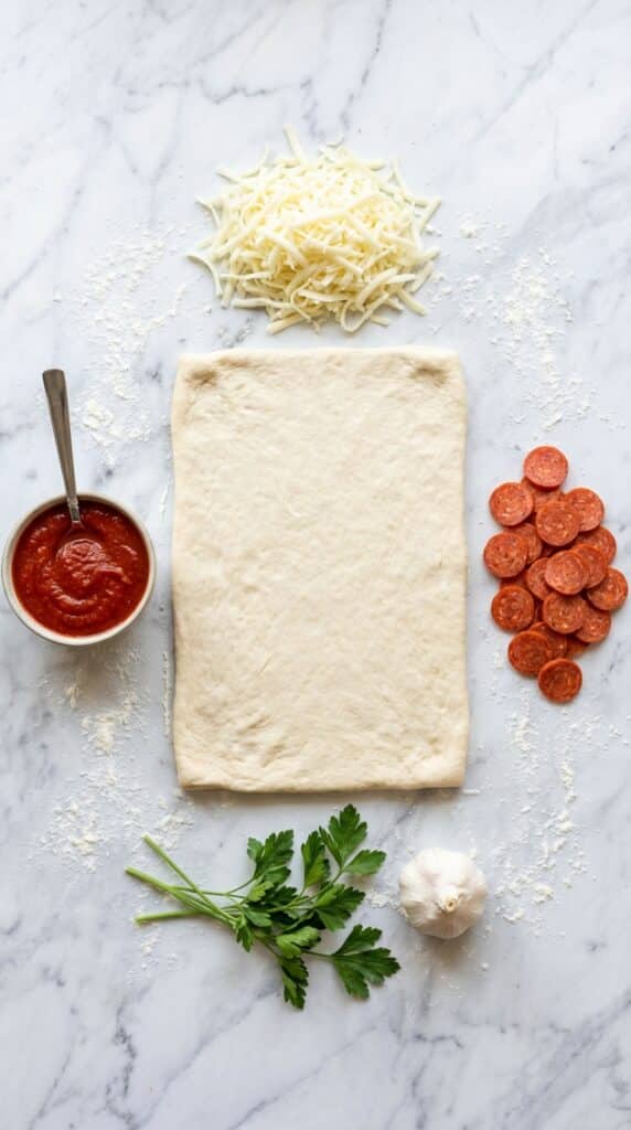 A flat lay showing raw pizza dough, pizza sauce, shredded mozzarella, mini pepperoni, garlic, and parsley on a marble board.