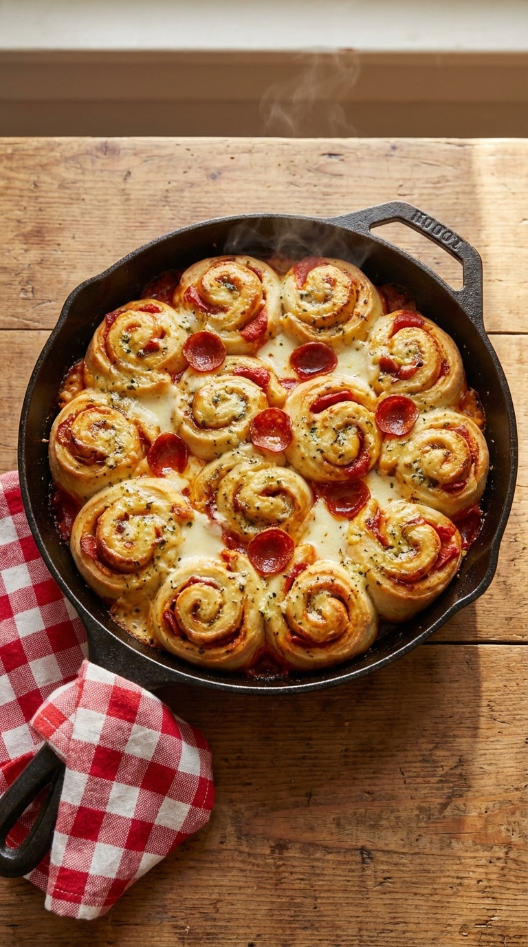 A top-down view of a cast iron skillet filled with golden-brown baked pizza rolls showing swirls of cheese and pepperoni, garnished with herbs.