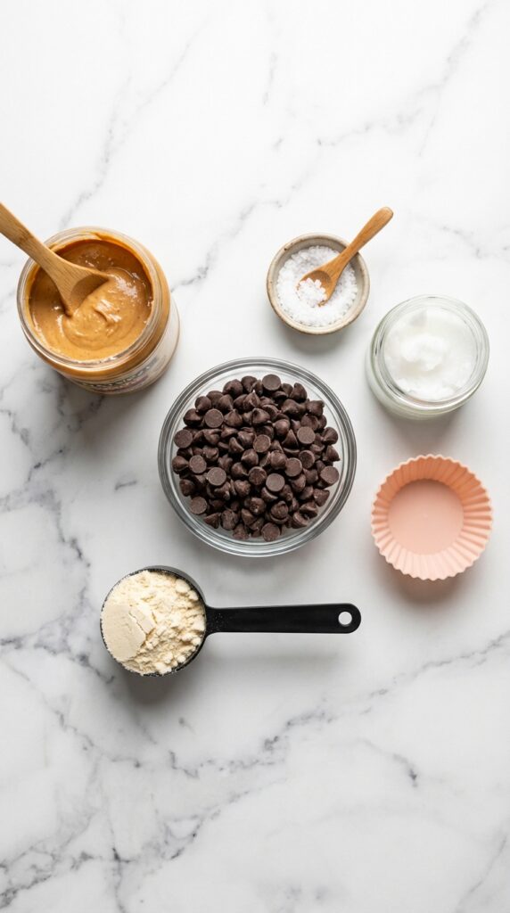 A flat lay showing dark chocolate chips, natural peanut butter, a scoop of protein powder, coconut oil, and sea salt on a marble board.