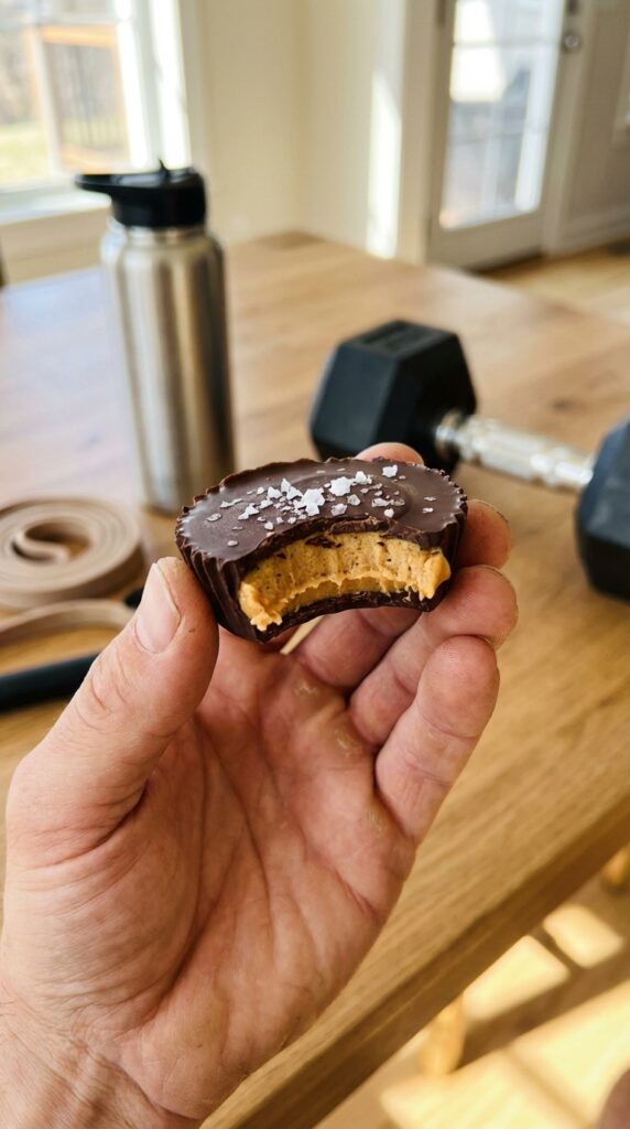 A hand holding a homemade peanut butter cup with a bite taken out, with a blurred gym bottle in the background.