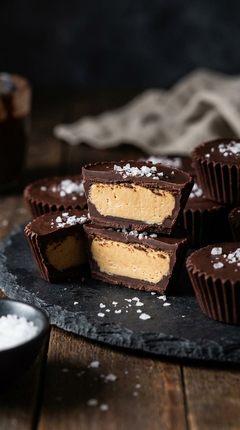 A close-up of a homemade dark chocolate protein peanut butter cup cut in half, showing a thick peanut butter center and flaky sea salt.