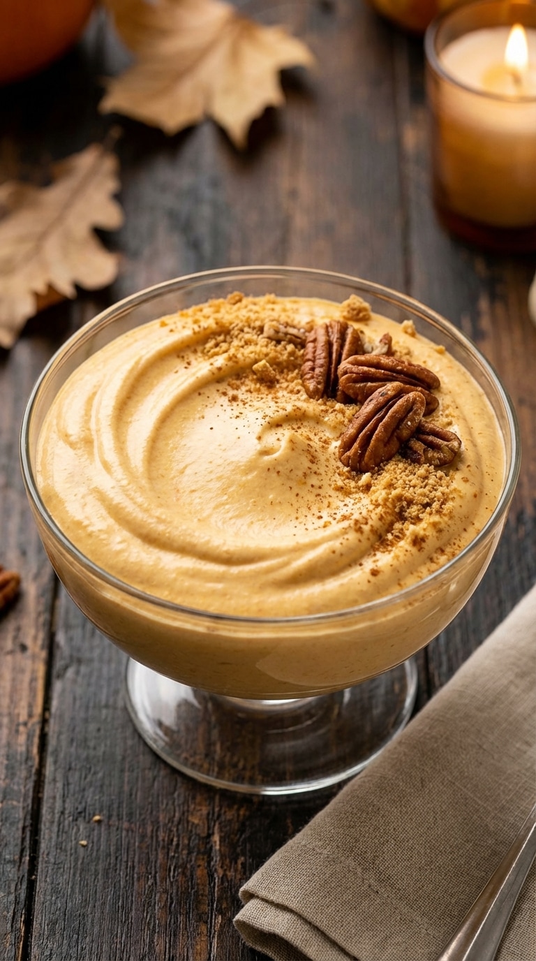 A glass bowl filled with smooth, creamy pumpkin mousse topped with toasted pecans, graham cracker crumbs, and cinnamon on a wooden table.
