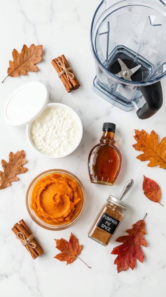 An overhead flat lay showing a tub of cottage cheese, pumpkin puree, maple syrup, spices, and a blender on a marble table.