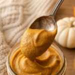 A macro close-up of a spoon lifting smooth, thick pumpkin mousse, showing its creamy texture with a cozy sweater in the background.