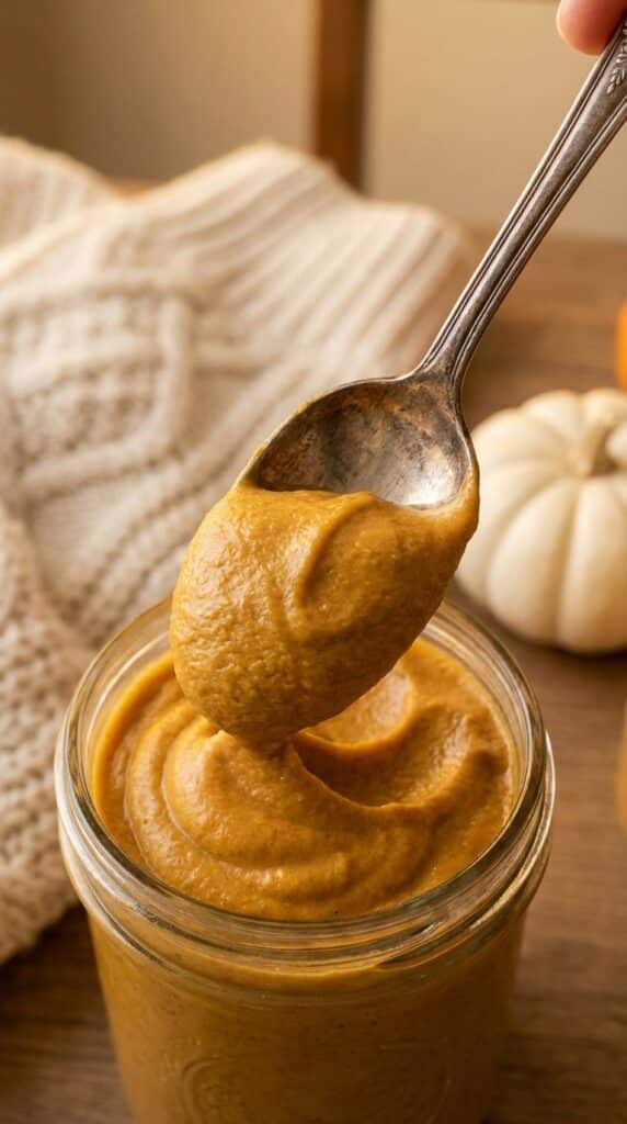 A macro close-up of a spoon lifting smooth, thick pumpkin mousse, showing its creamy texture with a cozy sweater in the background.