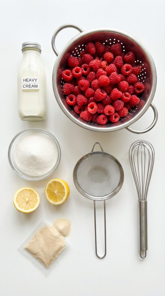 A flat lay showing fresh raspberries, heavy cream, sugar, a lemon, gelatin, and a fine mesh strainer on a white table.