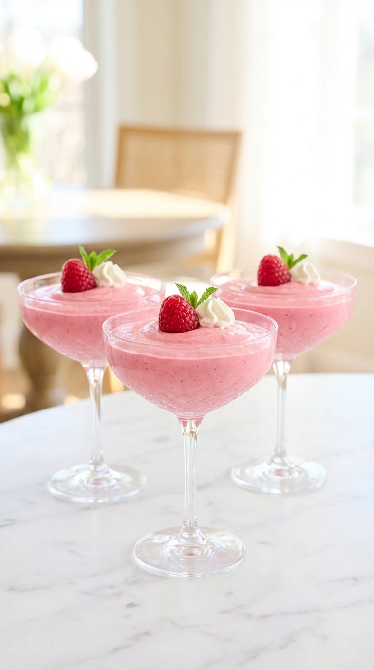 Two elegant crystal glasses filled with smooth pink raspberry mousse, topped with a fresh raspberry and mint leaf on a marble table.