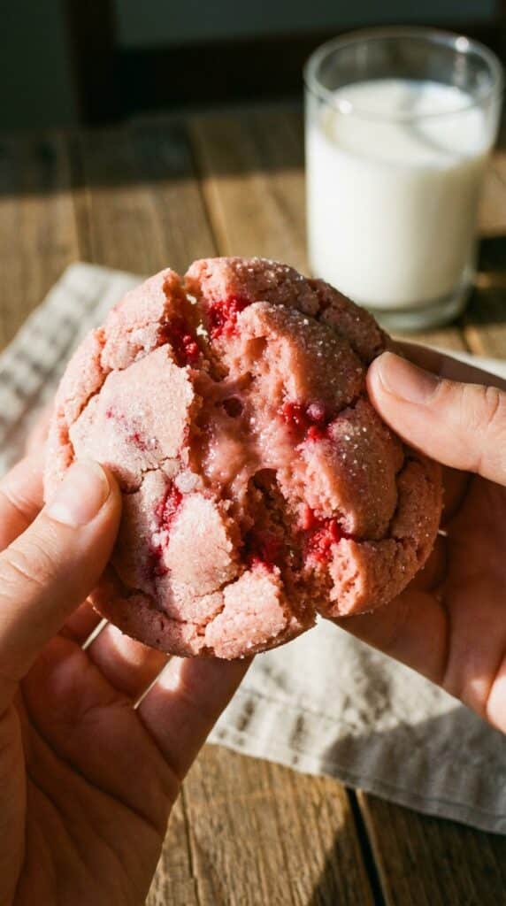 Two hands breaking a soft, pink raspberry sugar cookie in half, showing a chewy, doughy center with a glass of milk in the background.