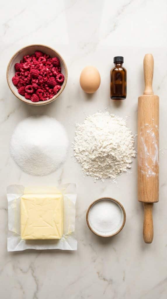 A flat lay showing freeze-dried raspberries, butter, sugar, an egg, vanilla, and flour on a marble board.