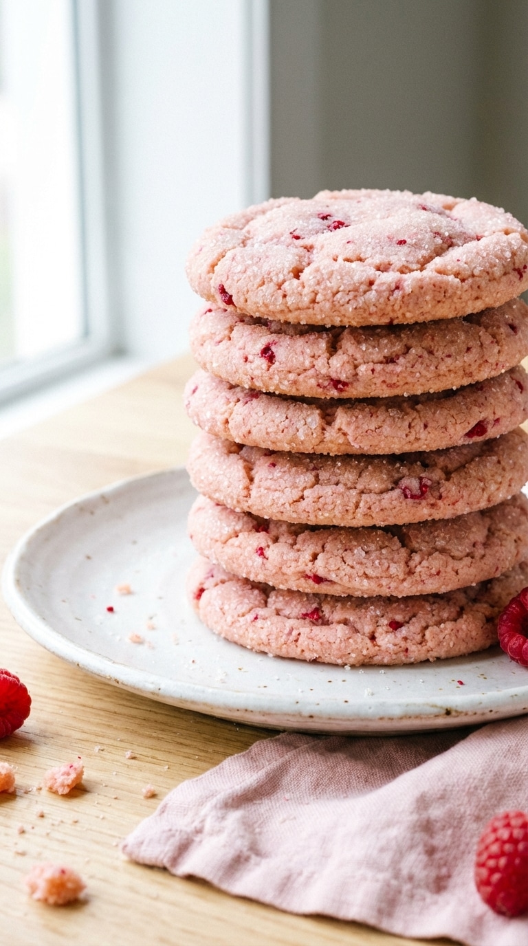 A stack of soft, thick pink raspberry sugar cookies coated in sparkling sugar on a white plate.