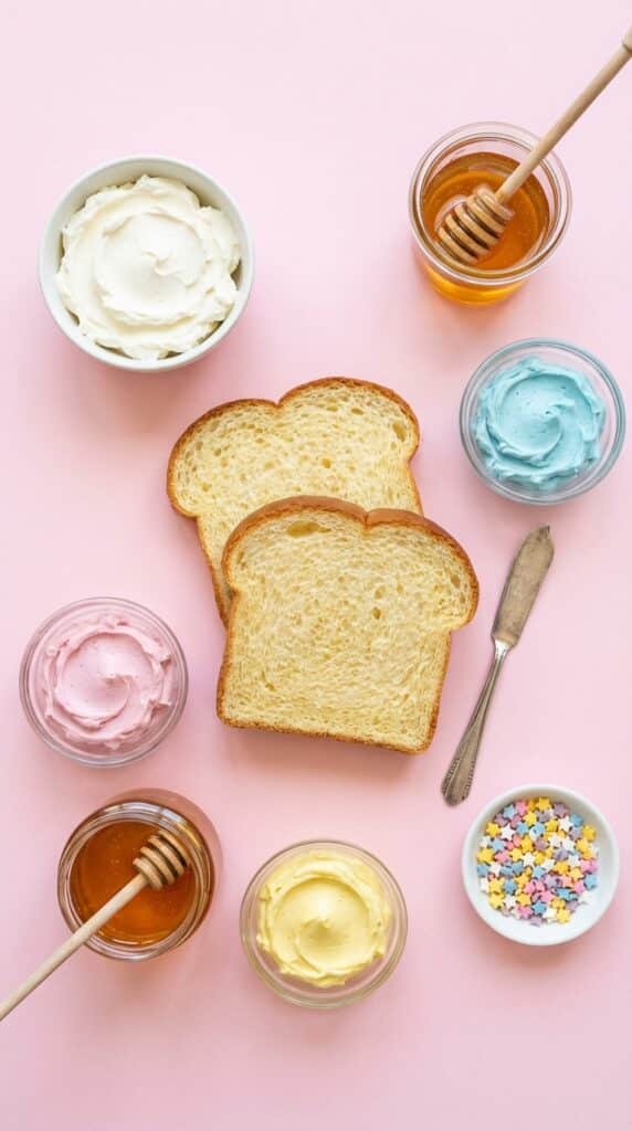 A flat lay showing slices of bread, small bowls of pink, blue, and yellow cream cheese, honey, and sprinkles on a pink background.