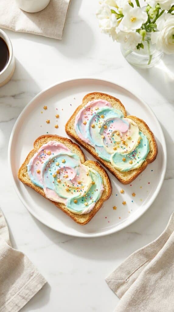 A close-up of a hand holding a piece of half-eaten rainbow unicorn toast with bright window light and a coffee mug in the background.