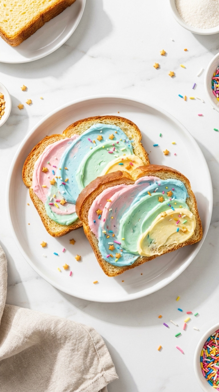 A top-down view of two slices of toast covered in pastel rainbow swirled cream cheese and star sprinkles on a white plate.