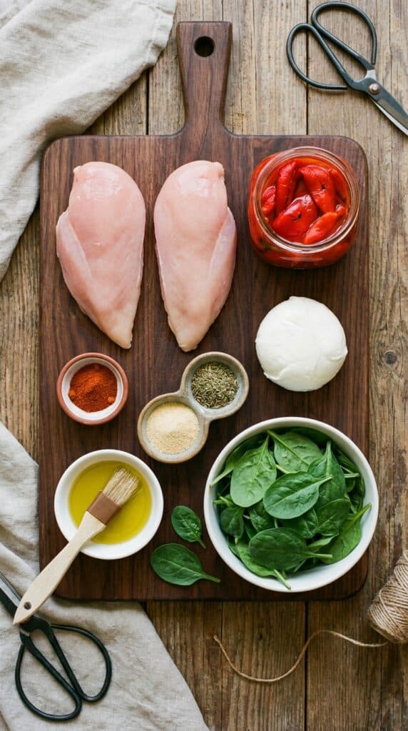 A flat lay showing raw chicken breasts, roasted red peppers, fresh mozzarella, spinach, olive oil, and spices on a wooden board.