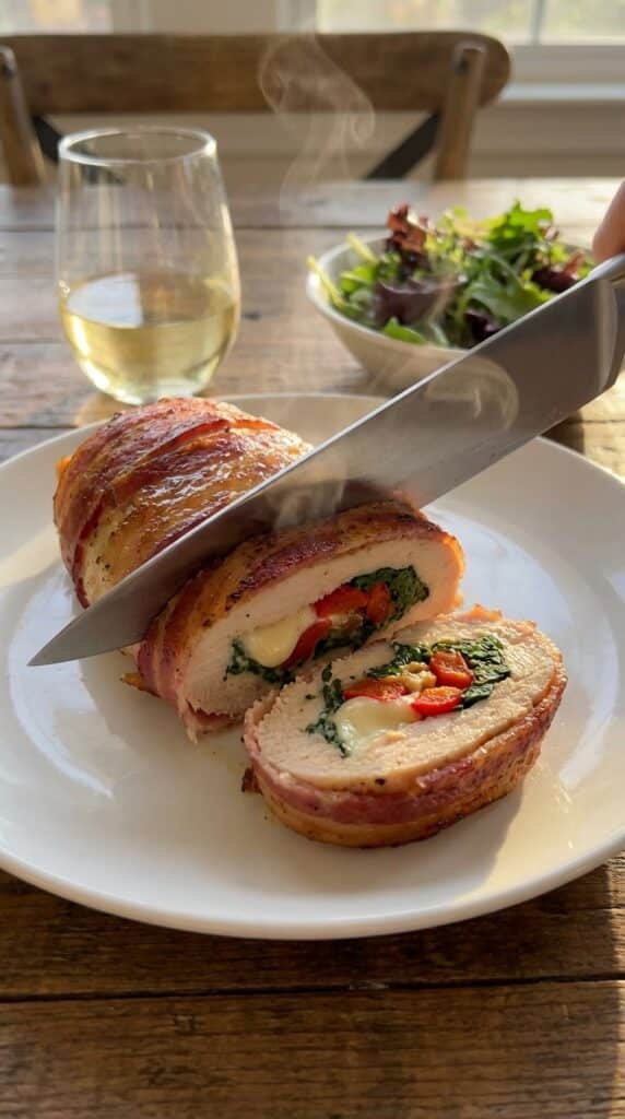 A close-up of a knife slicing a stuffed chicken breast in half, showing the melted cheese, spinach, and red pepper filling inside.