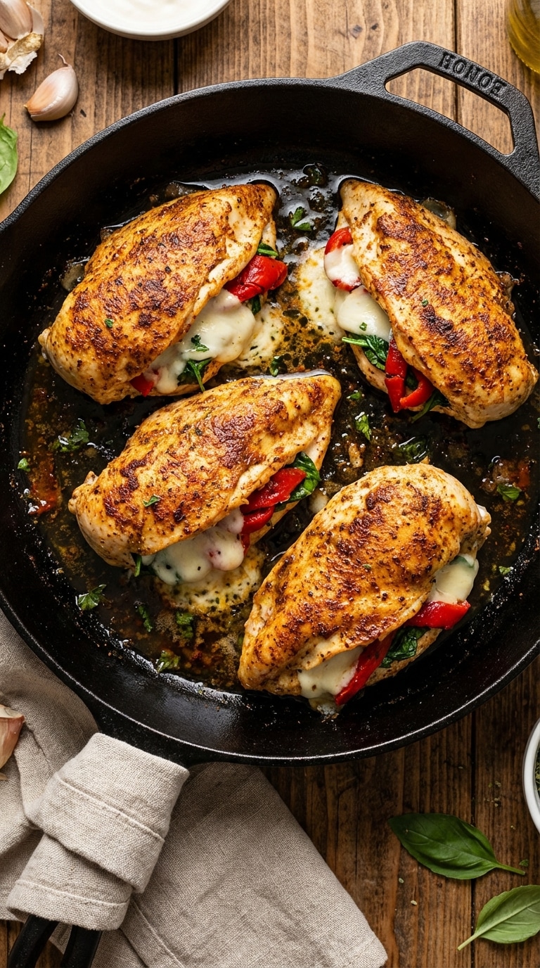 A cast iron skillet filled with golden-brown chicken breasts stuffed with melted mozzarella, spinach, and roasted red peppers.