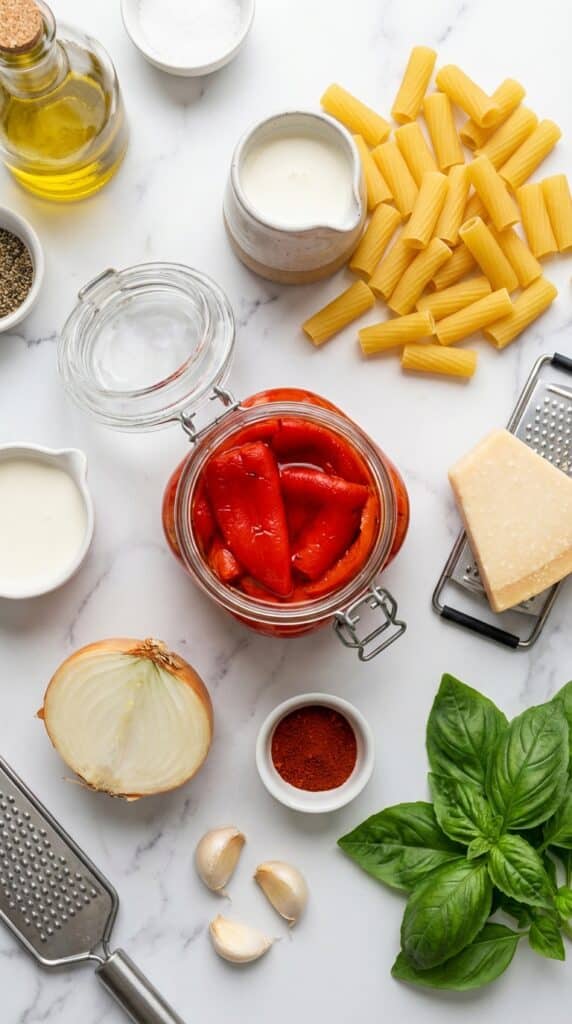 A flat lay showing a jar of roasted red peppers, dry pasta, cream, garlic, onions, parmesan, and basil on a marble surface.