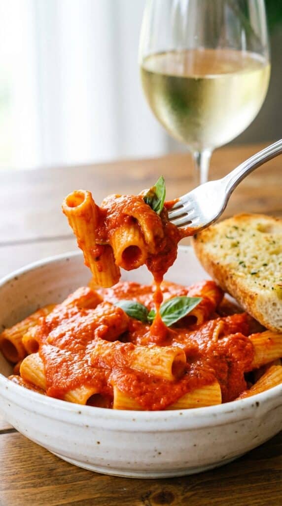 A close-up of a fork twirling rigatoni pasta coated in a thick, creamy red pepper sauce over a white bowl.
