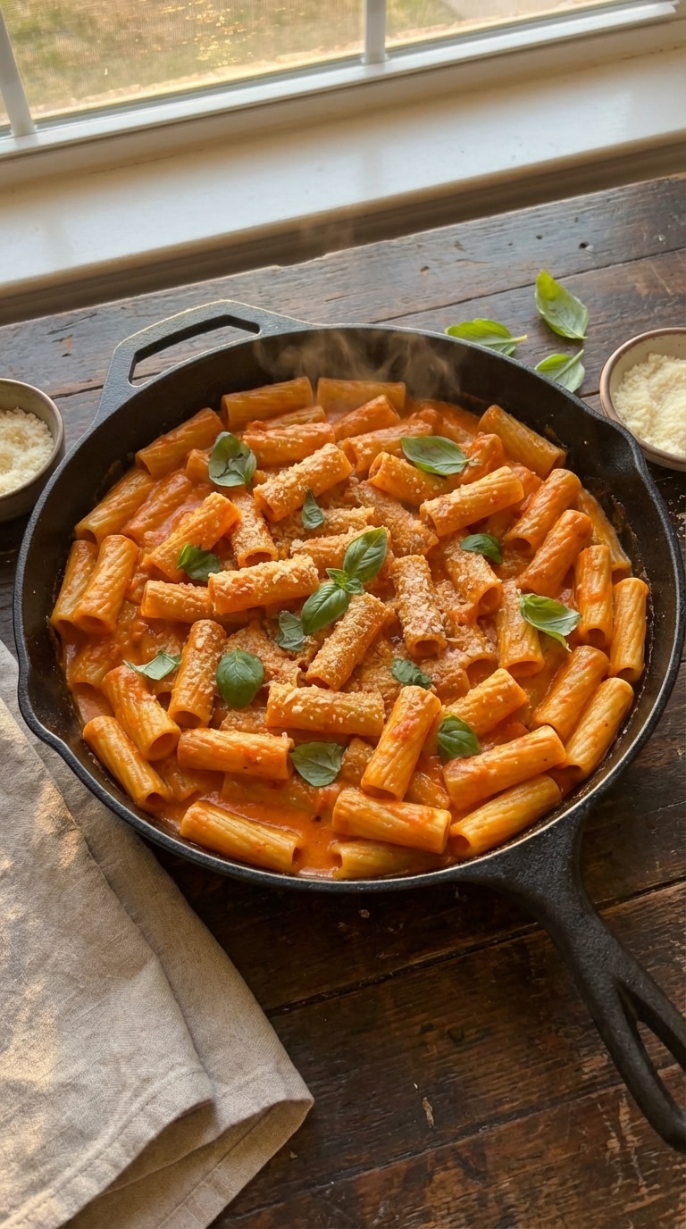 A top-down view of a black skillet filled with rigatoni pasta coated in a vibrant orange-red roasted pepper sauce, garnished with fresh basil.